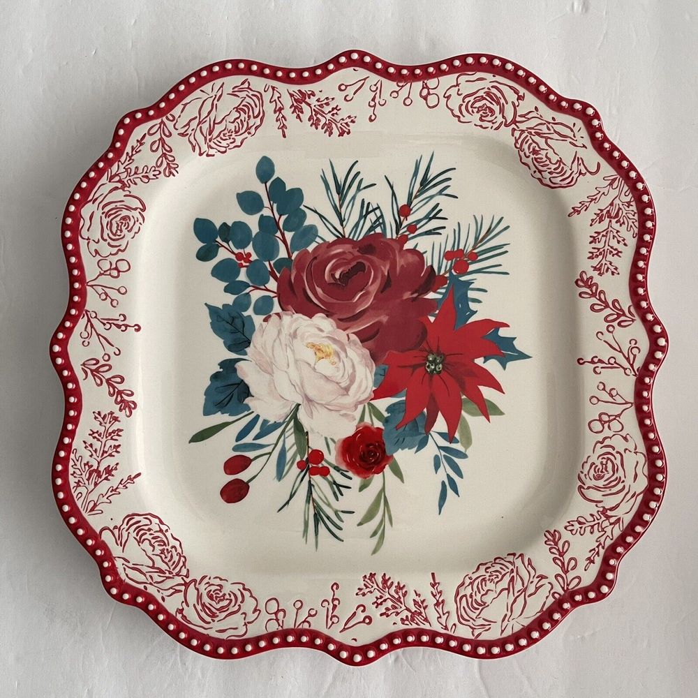 The Pioneer Woman Wishful Winter Rose Stoneware Tray Platter 12.5" Holiday